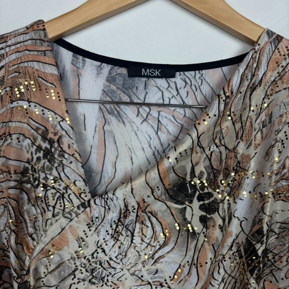 MSK Y2K Abstract Print Stretch Top Ruched 3/4 Sleeve Neutral Grunge Festival - Picture 3 of 11